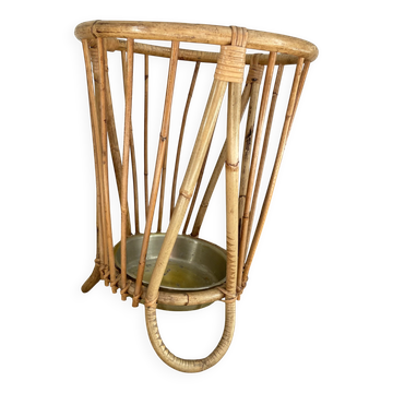 Bamboo and rattan umbrella stand with metal drip tray in the style of Franco Albini, Italy, 1960s