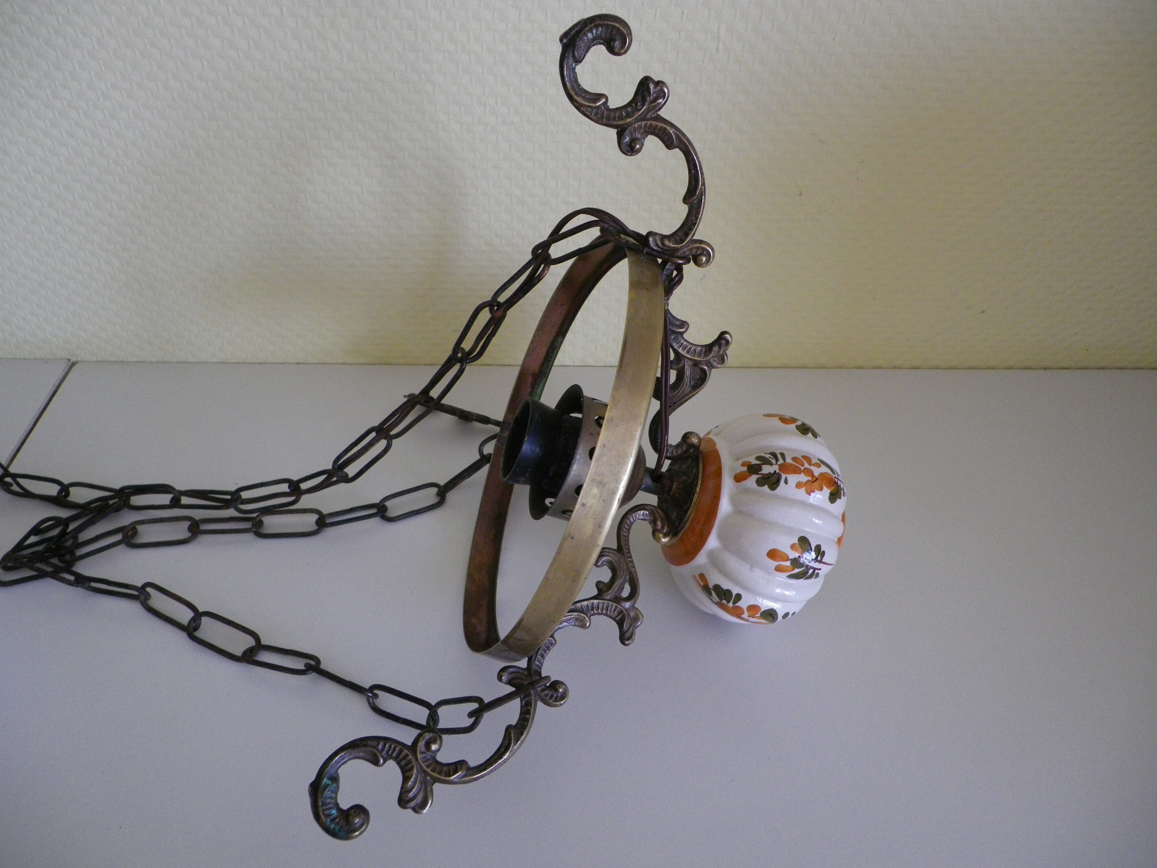 Hanging lamp of the 1950s, white opaline shade and porcelain decoration