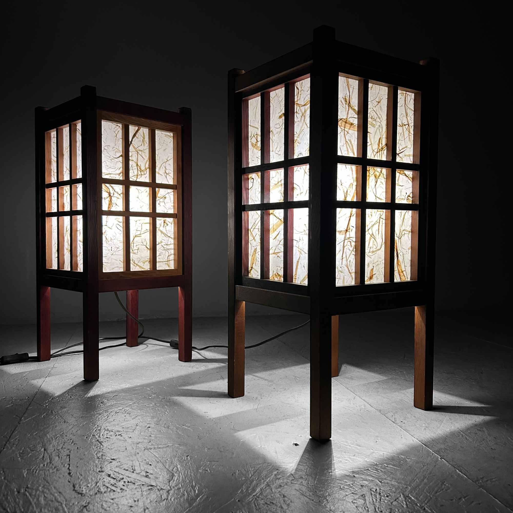 Pair of japanese antique shoji floor lamps (障子ランプ), taishō-era [大正]