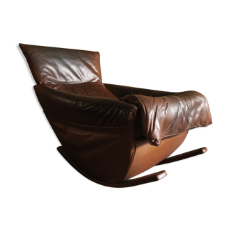 De Sede patinated brown leather rocking chair, Switzerland 1970