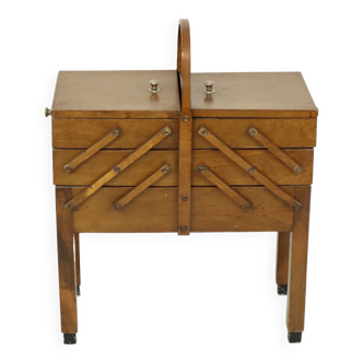 Vintage wooden sewing box on legs accordion style 1960s beech 63cm