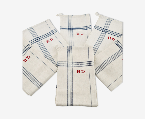 Torchon en lin liteaux bleus, monogramme HD, fin XIX ème.