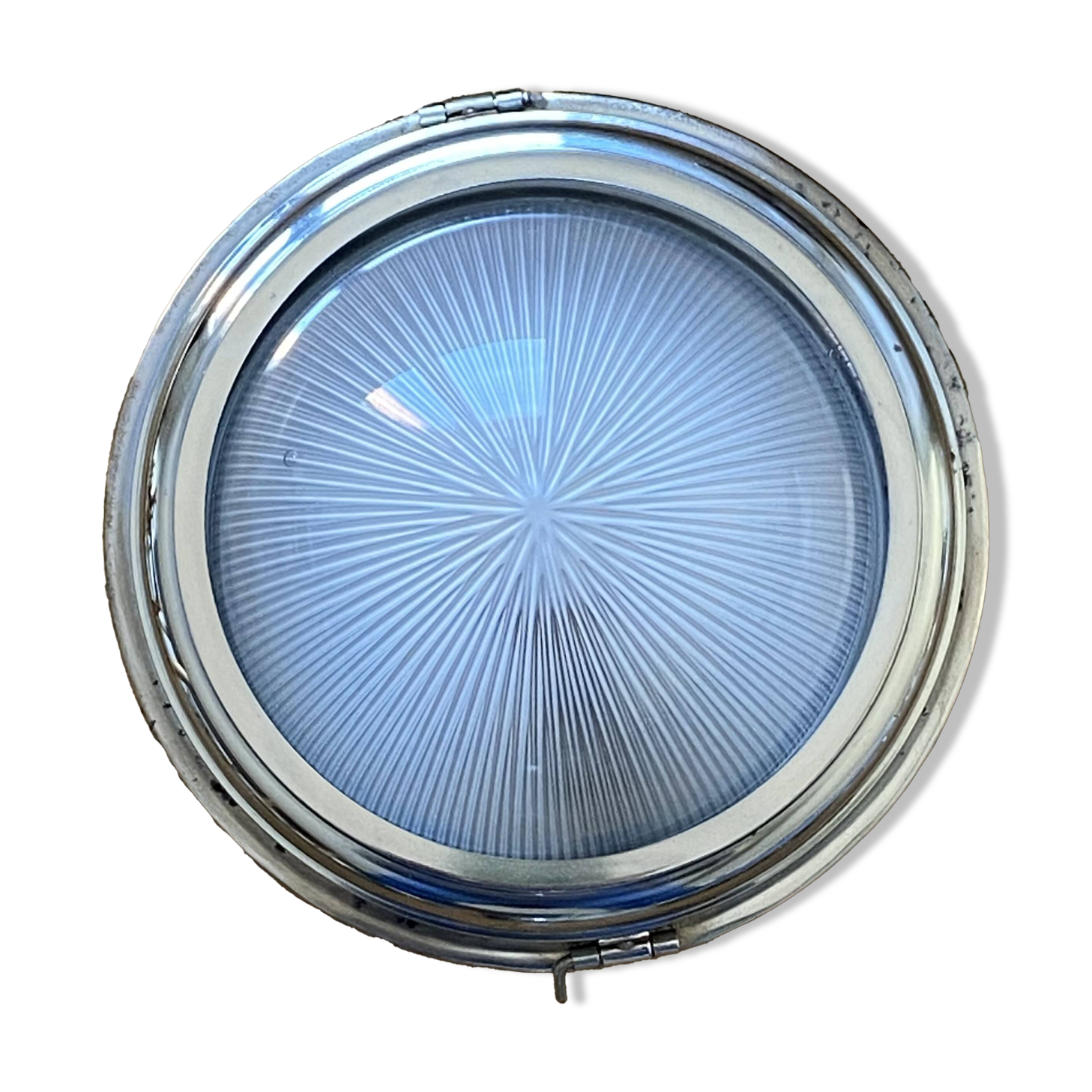 Thick glass ceiling light fixture with a chrome metal support, Holophane type.