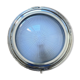 Thick glass ceiling light fixture with a chrome metal support, Holophane type.