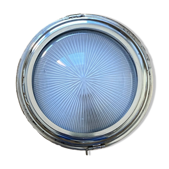 Thick glass ceiling light fixture with a chrome metal support, Holophane type.