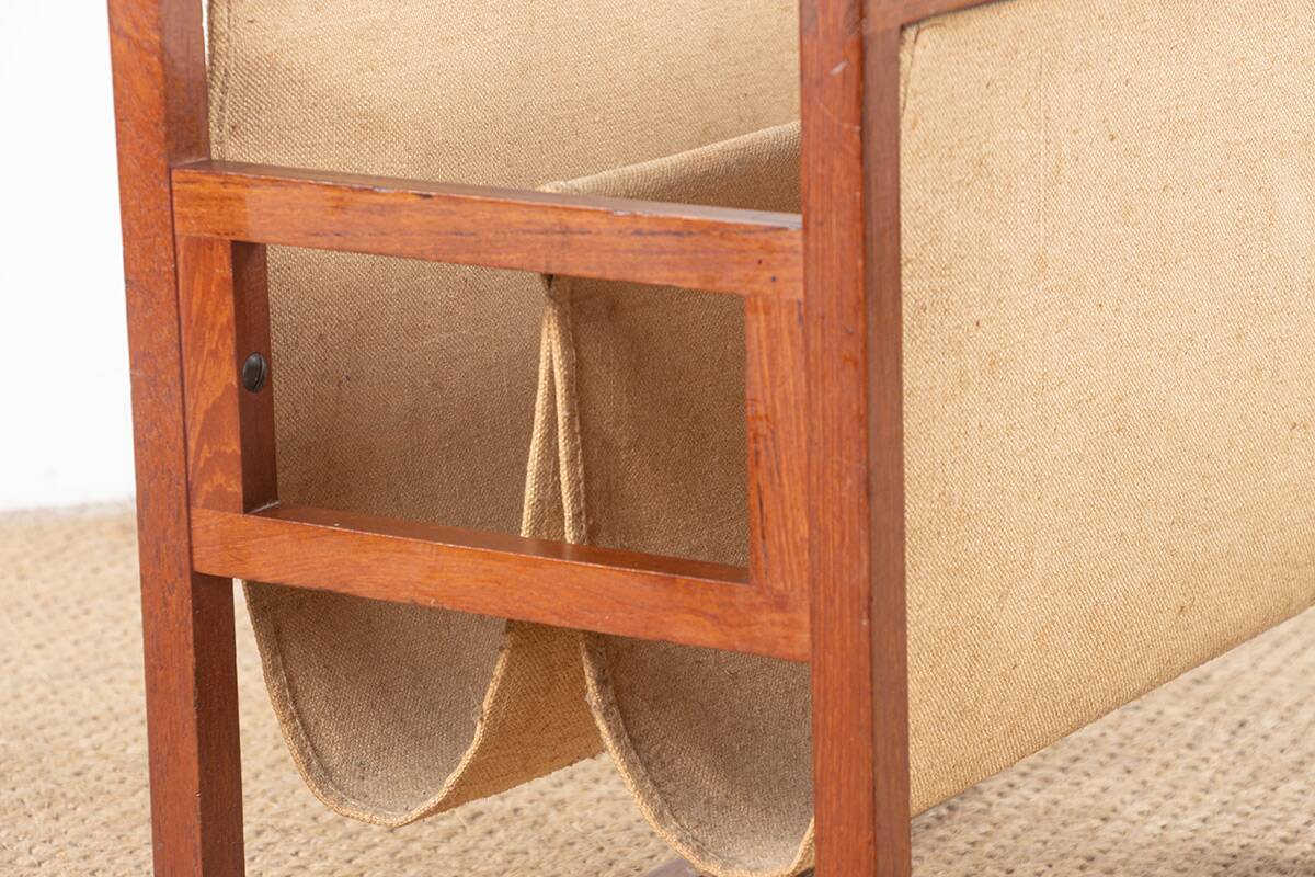 Danish magazine rack in teak and linen by Henning Wind-Hansen for Sika Møbler
