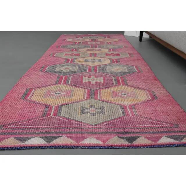 Vintage Turkish Hand-Knotted Wool Cotton Pink Runner Rug 94x329