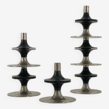 Fritz nagel set of six stackable candle holders in black lacquered and chrome metal. 70s. used condition.