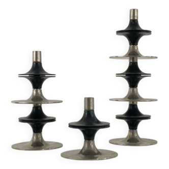 Fritz nagel set of six stackable candle holders in black lacquered and chrome metal. 70s. used condition.