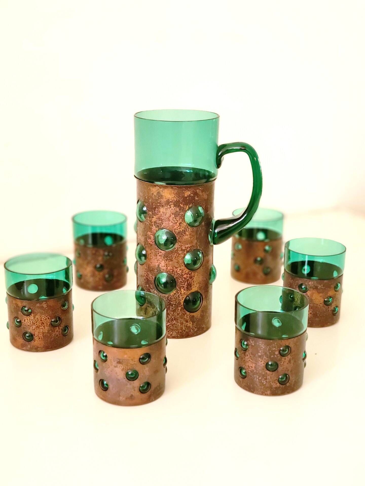Vintage brutalist drinks set of green glass and patinated copper