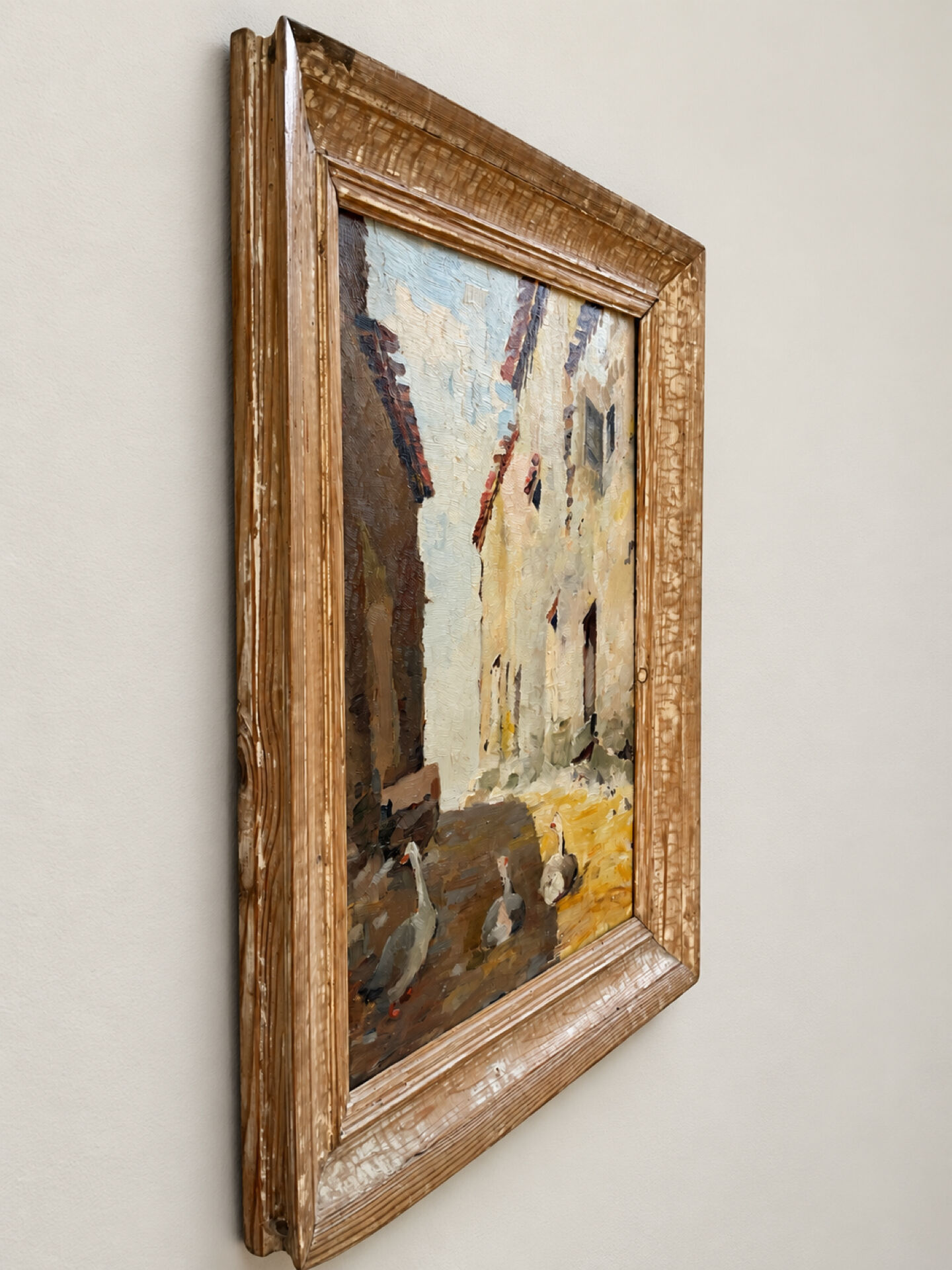 Oil on double-sided panel with geese, signed Robert, dated 1930.