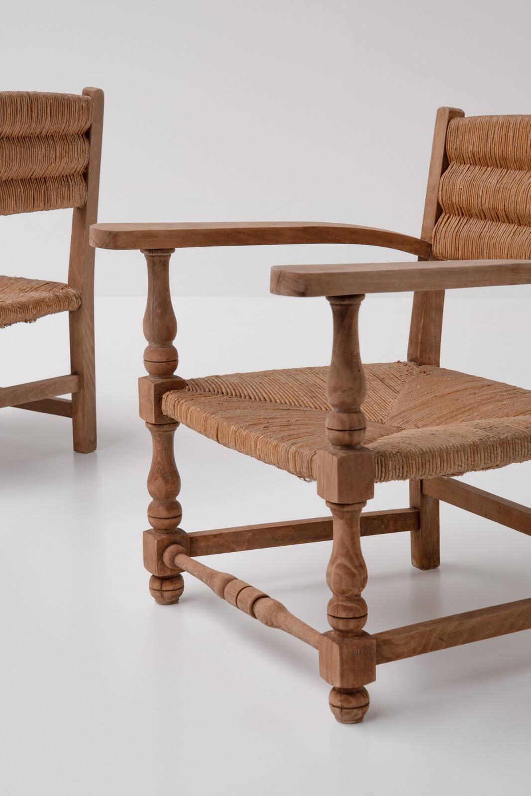 Pair of Rustic French Oak & Rush Armchairs, 1950s