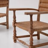 Pair of Rustic French Oak & Rush Armchairs, 1950s