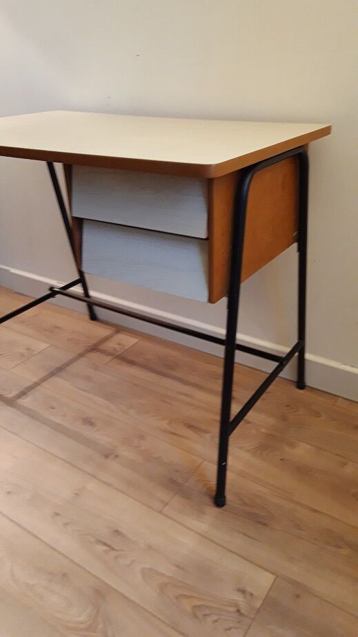 White formica and black metal feet desk