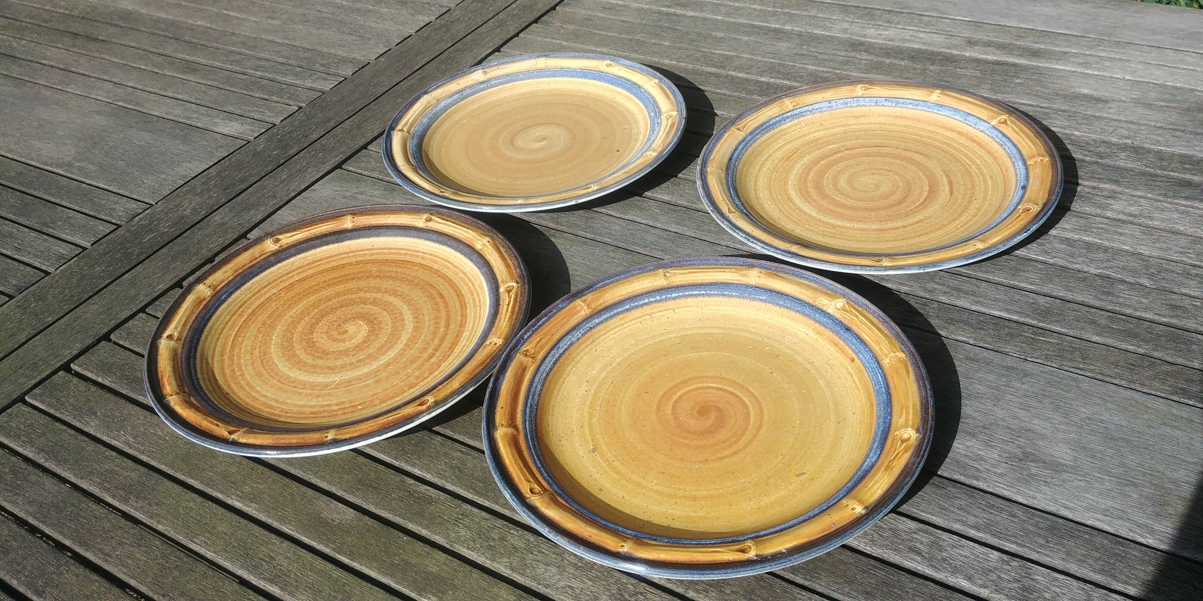 Set of 4 flat plates of the earthenware factory of Gien bamboo decoration - Vintage