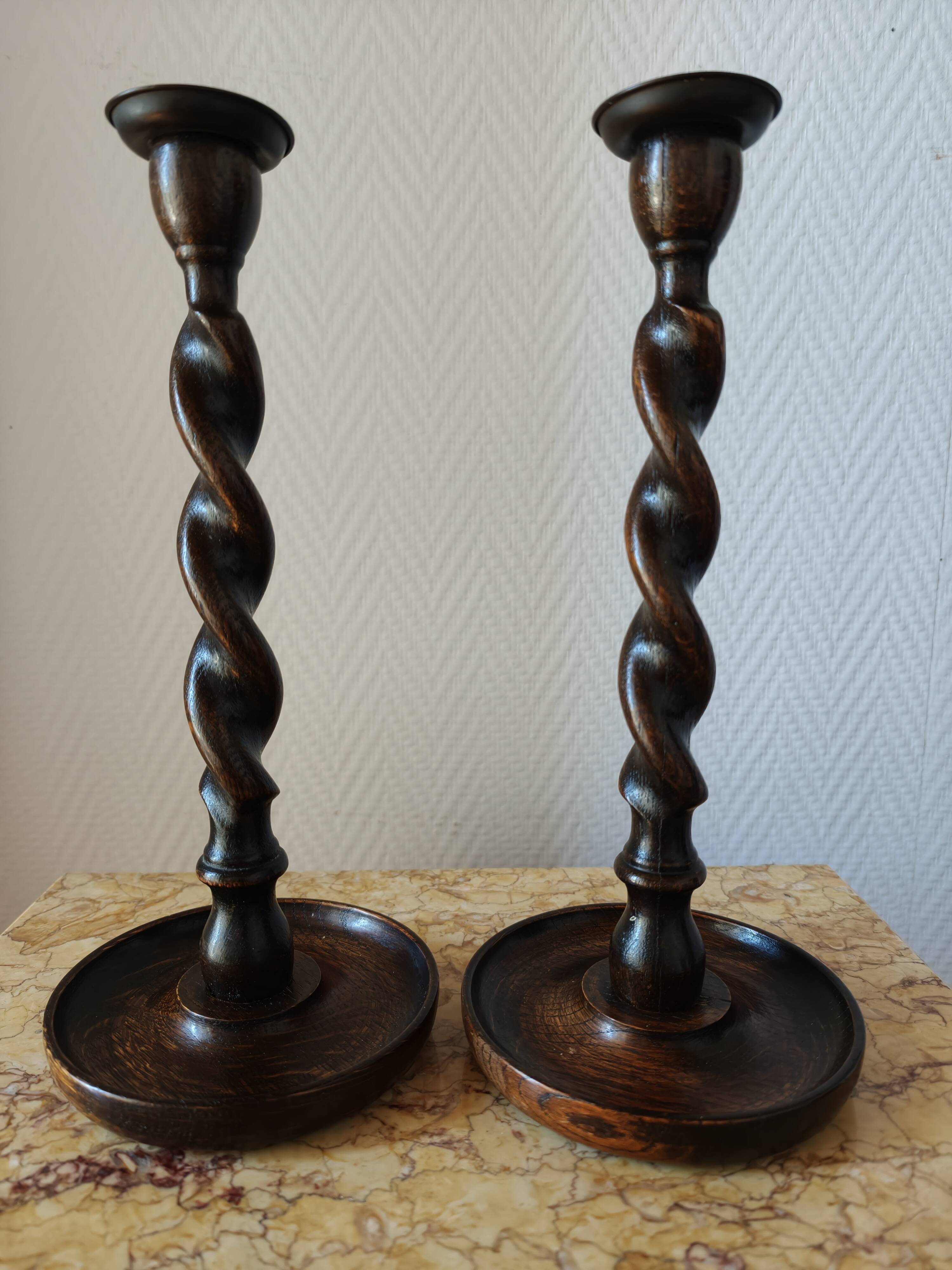 Pair of Barley Twist candlesticks in oak – English style, circa 1950