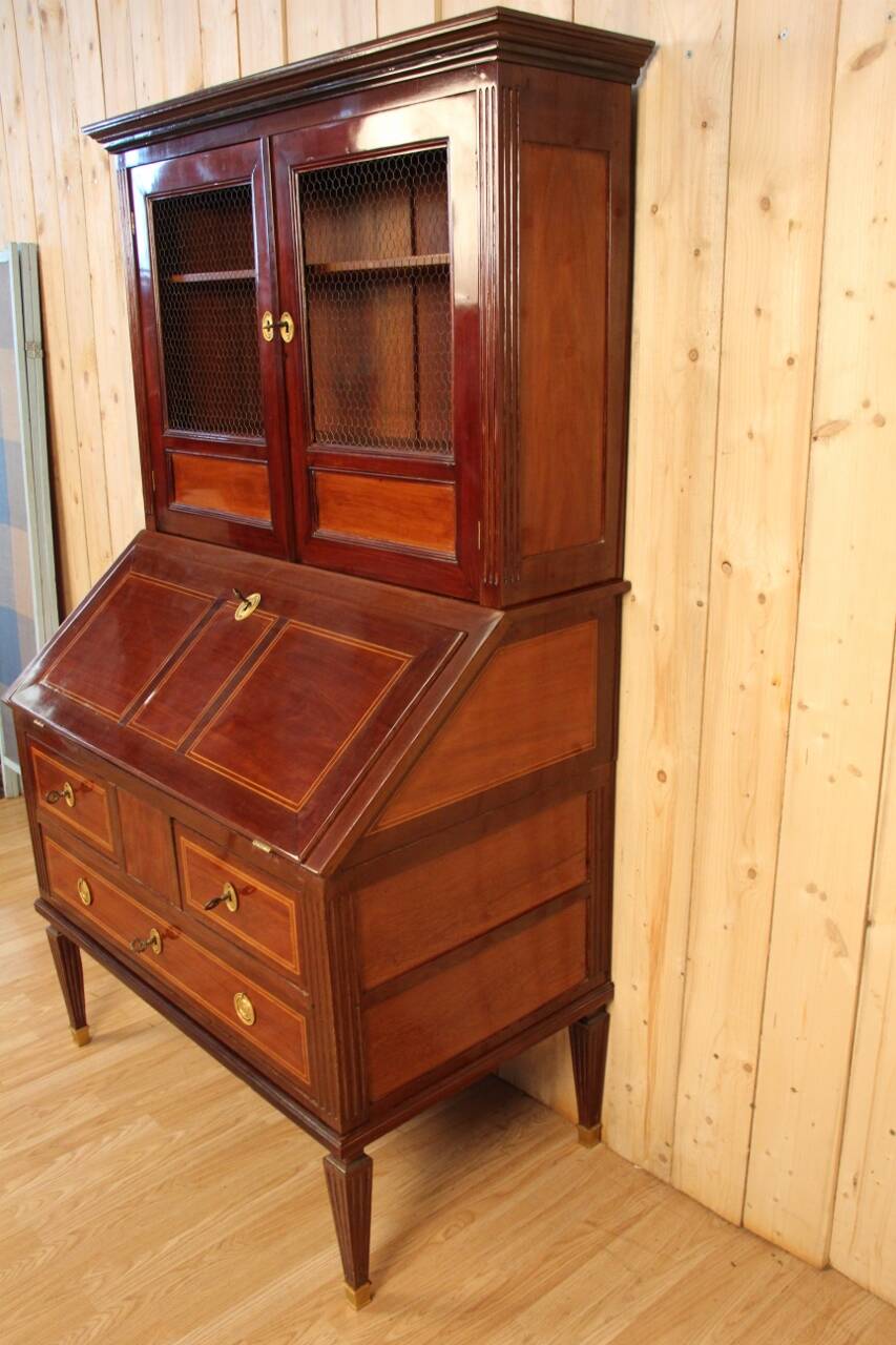 Scriban Bookcase In Solid Mahogany, 18th Century, Louis XVI, Port Furniture