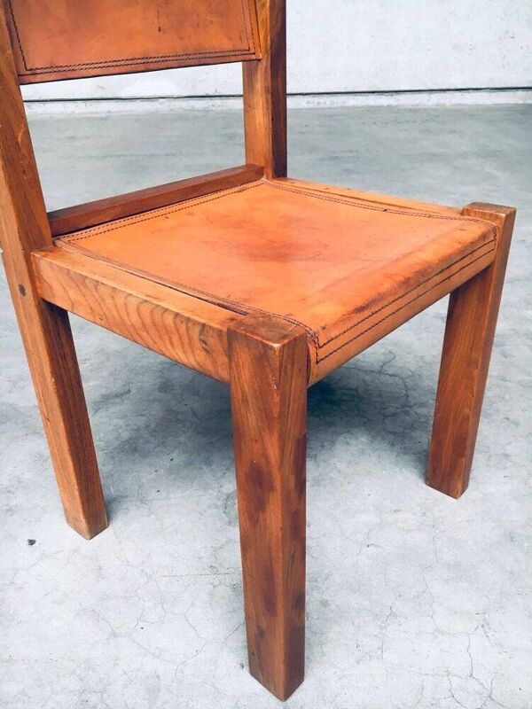 Elm & Cognac Leather Dining Room Chairs Set in the style of Pierre Chapo, Italy, 1960s, Set of 4