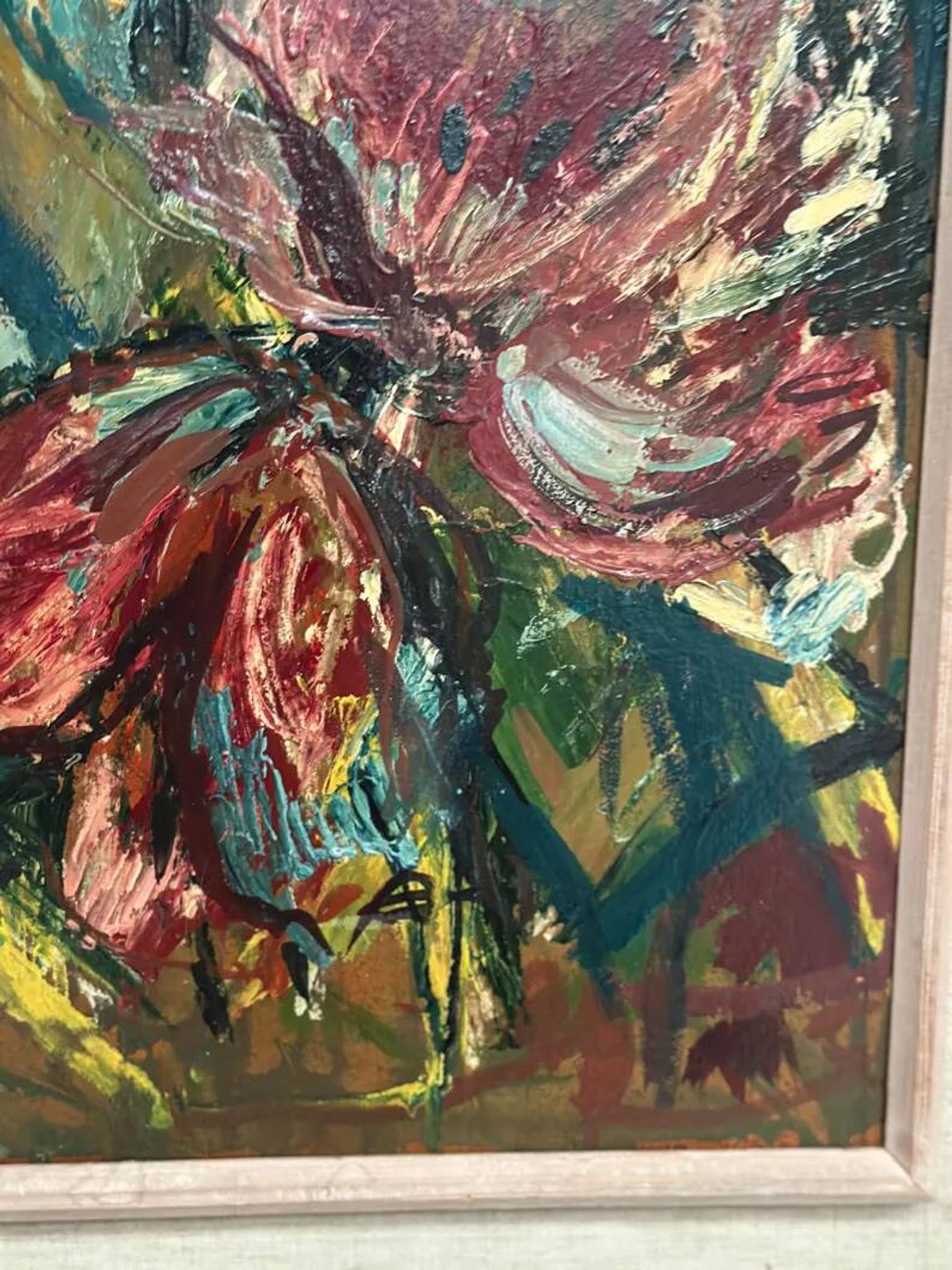 Original Swedish Oil on Panel – "Pink Flower" by Owe Wessbohn – Signed – Vintage and Framed – 69 × 51 cm (27.2" × 20.1")