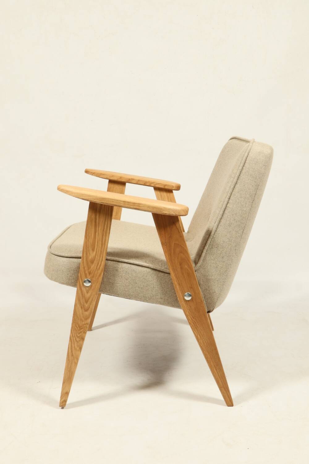 Scandinavian armchair beige wool natural oak wood chair design by Chierovski