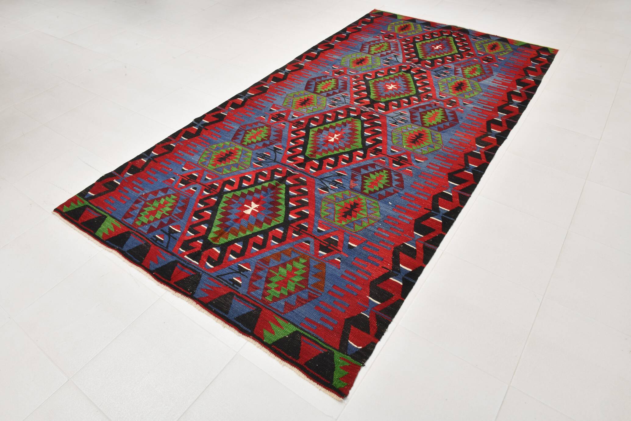 Geometric Blue & Green Vintage Kilim Rug, 154x305Cm