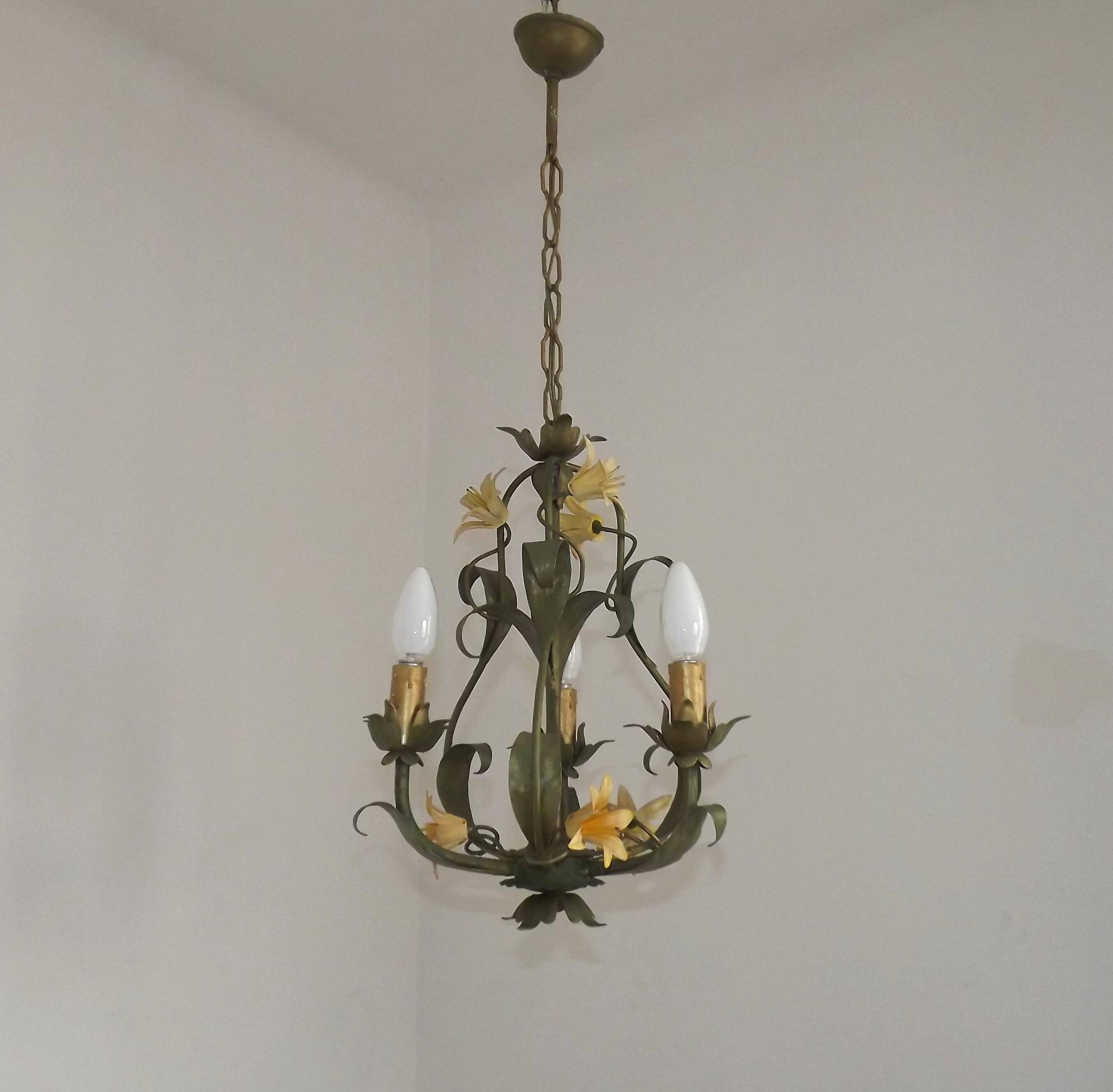 French Vintage 3 Light Cage Chandelier Hand Painted Floral Design