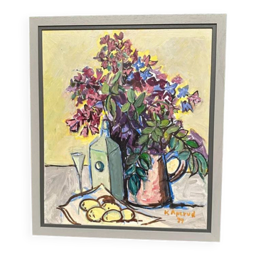 Large Original Oil on Board by Knut Anerud - "Still Life" - Signed - Vintage and Recently Framed
