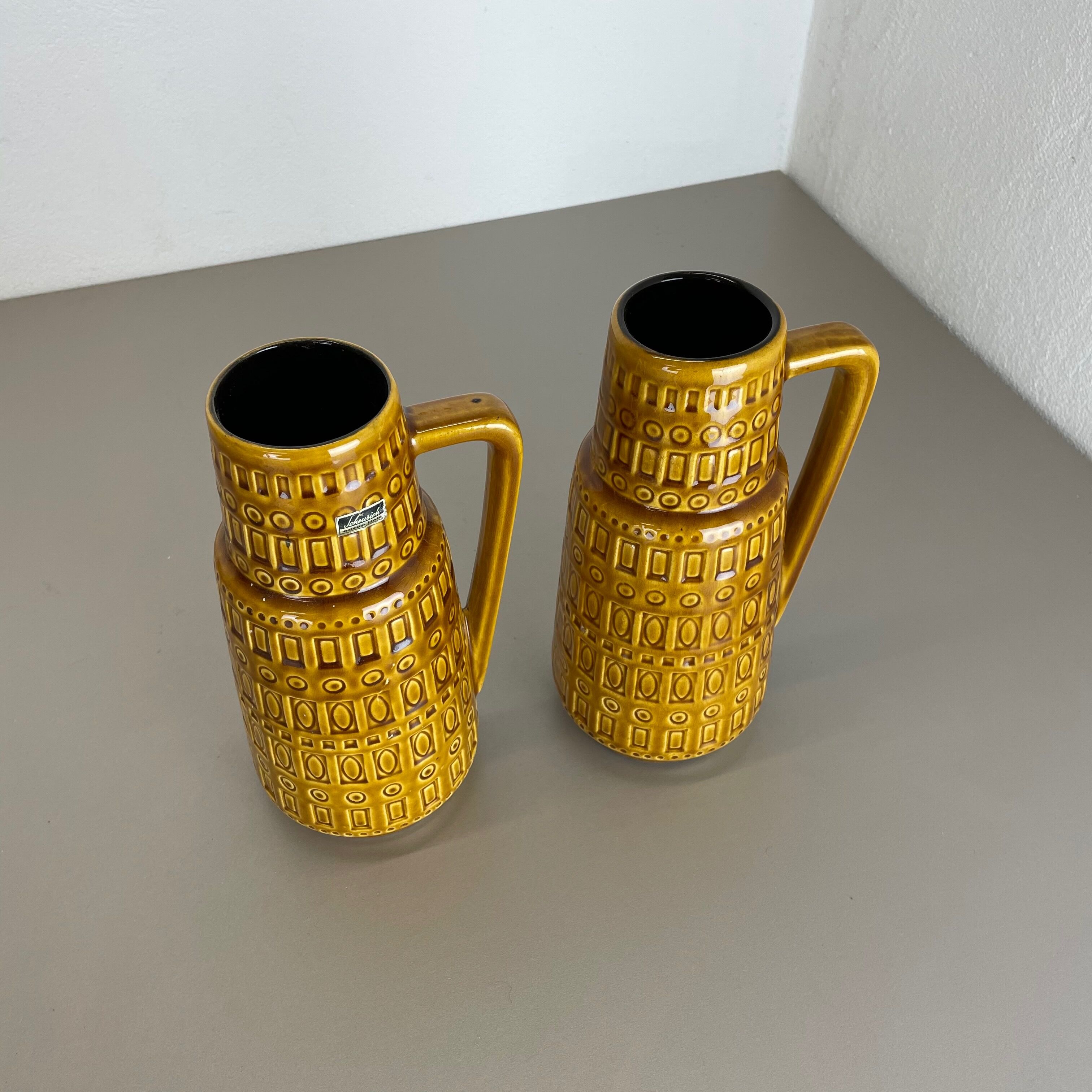 Set of Two Pottery Fat Lava Vases "ochre pattern" by Scheurich, Germany, 1970s