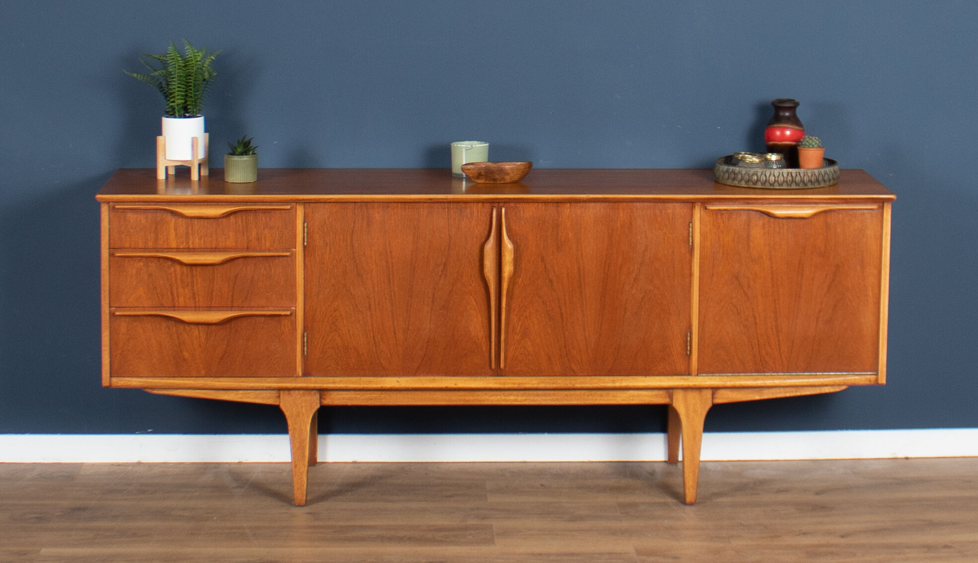 Retro 1960s teak jentique mid century sideboard with folded handles
