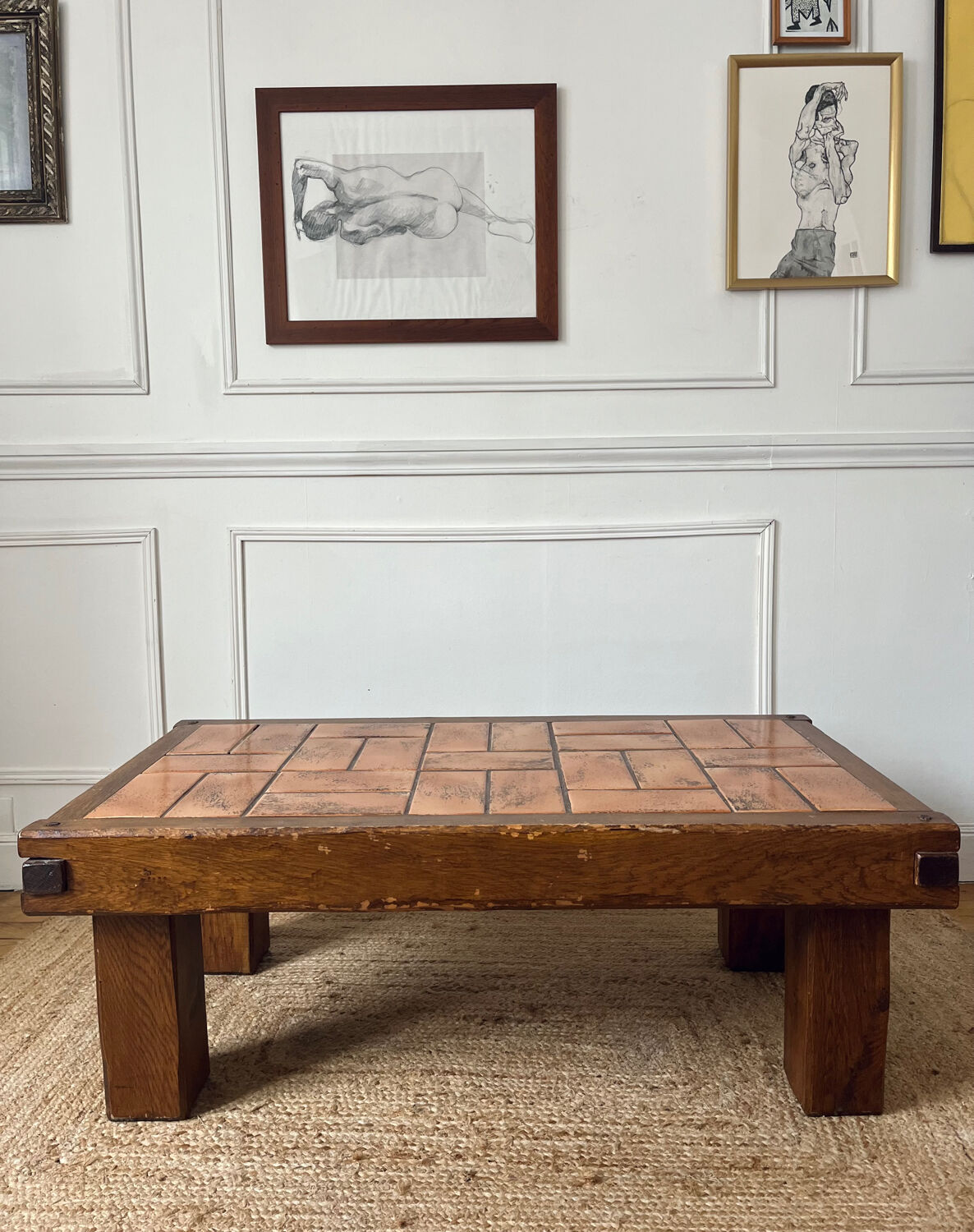 Brutalist tiled and wooden coffee table