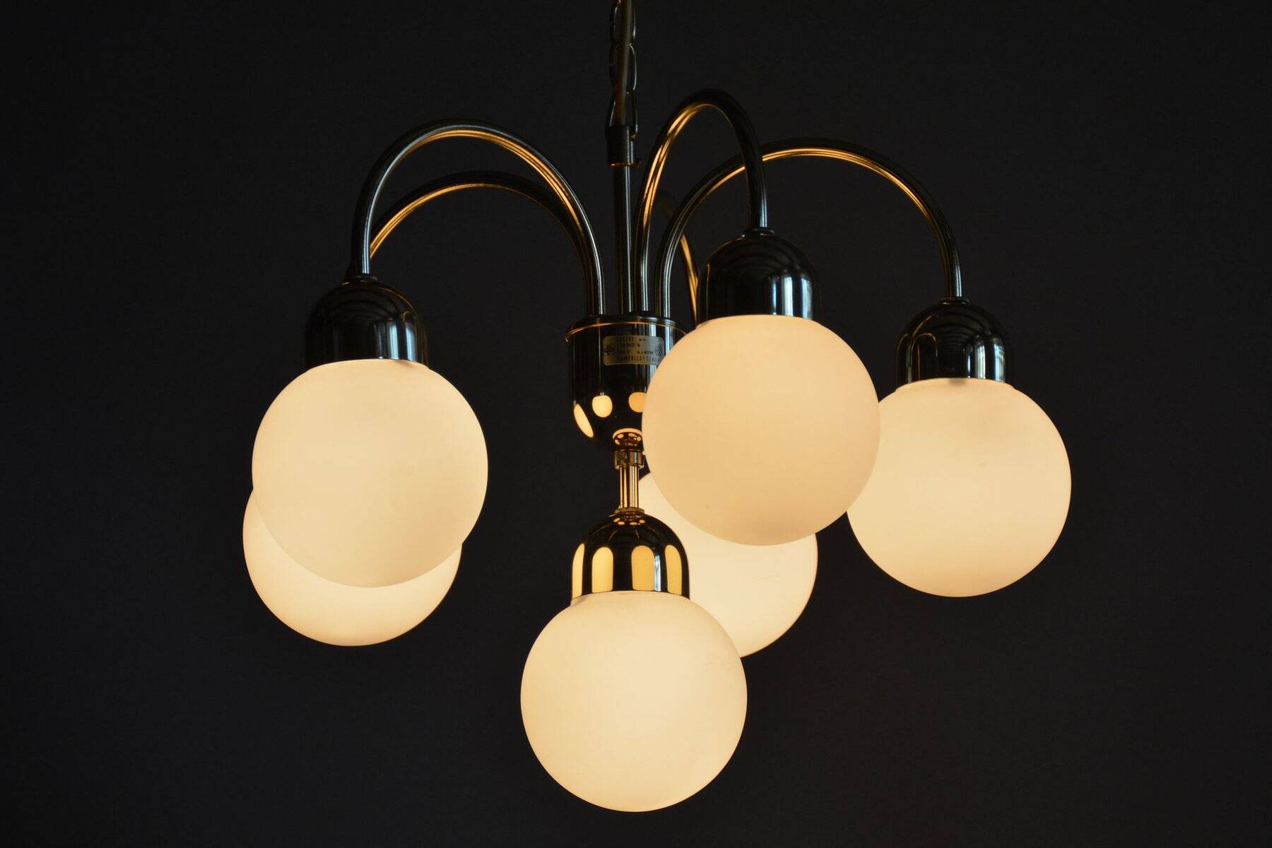 Mid-Century Chandelier in Brass and Opaline Glass, Czech, 1950s