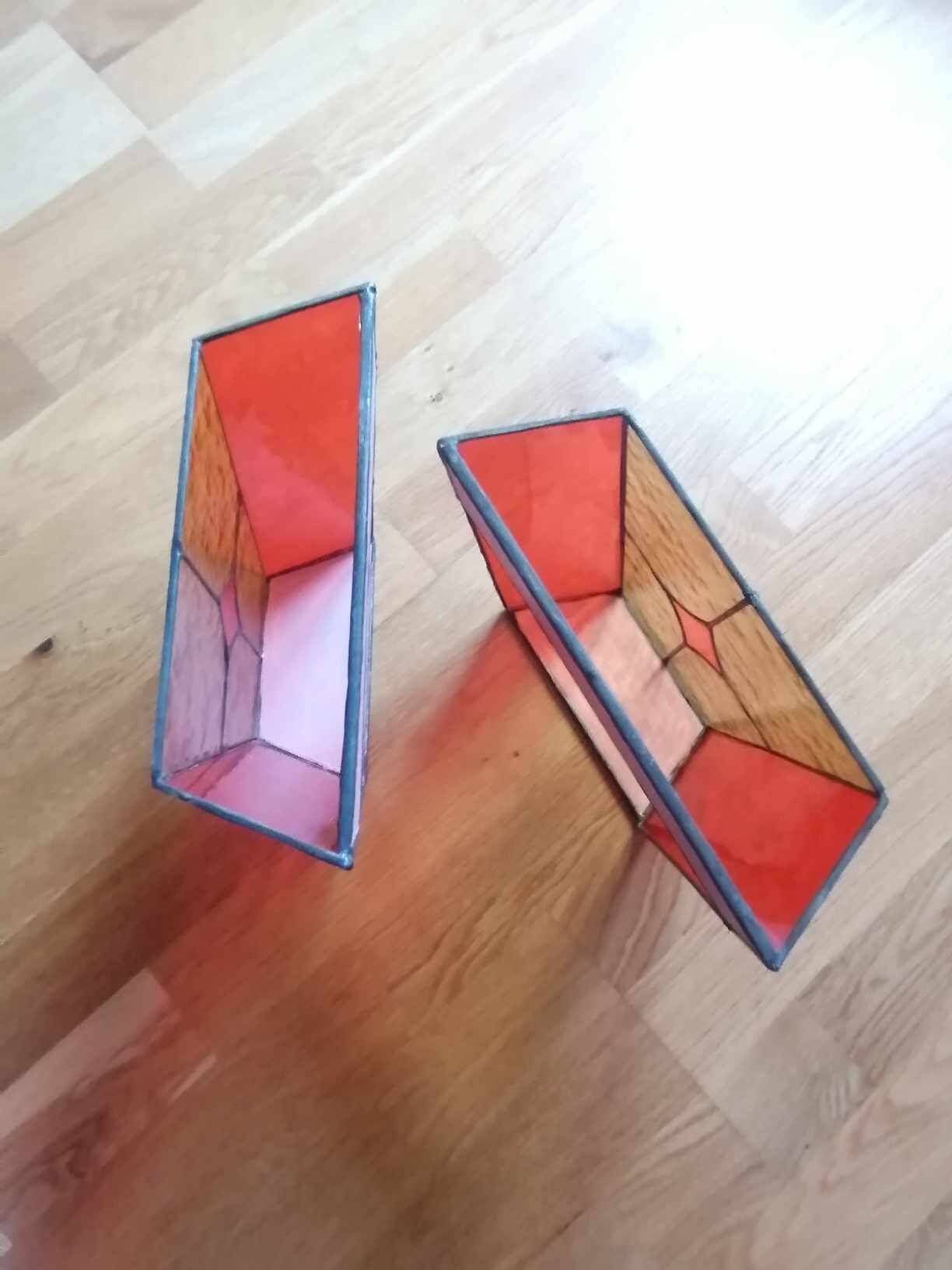 Pair of vintage stained glass and glass paste wall lights.