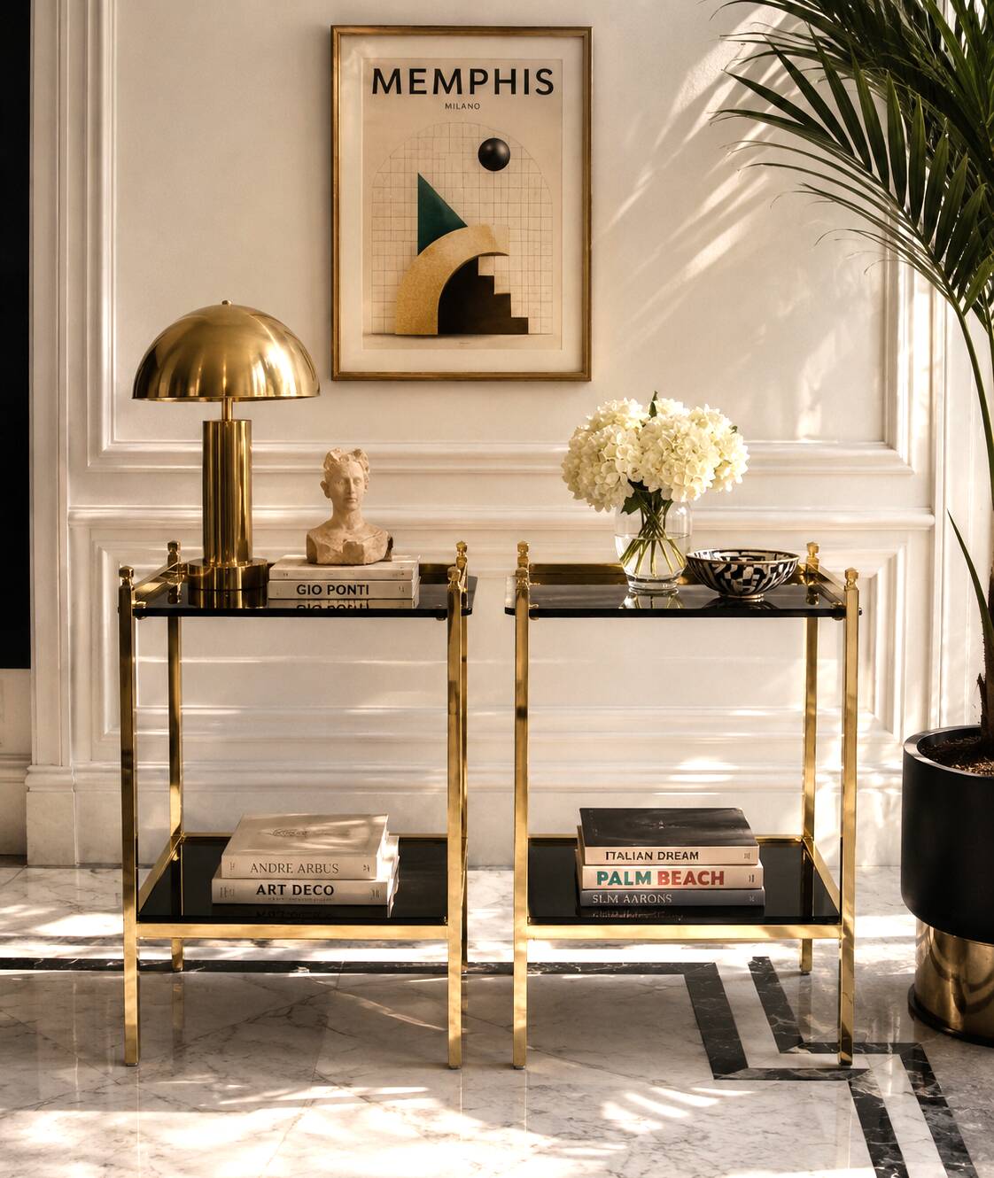 Pair of bedside tables or side tables, Hollywood Regency style,