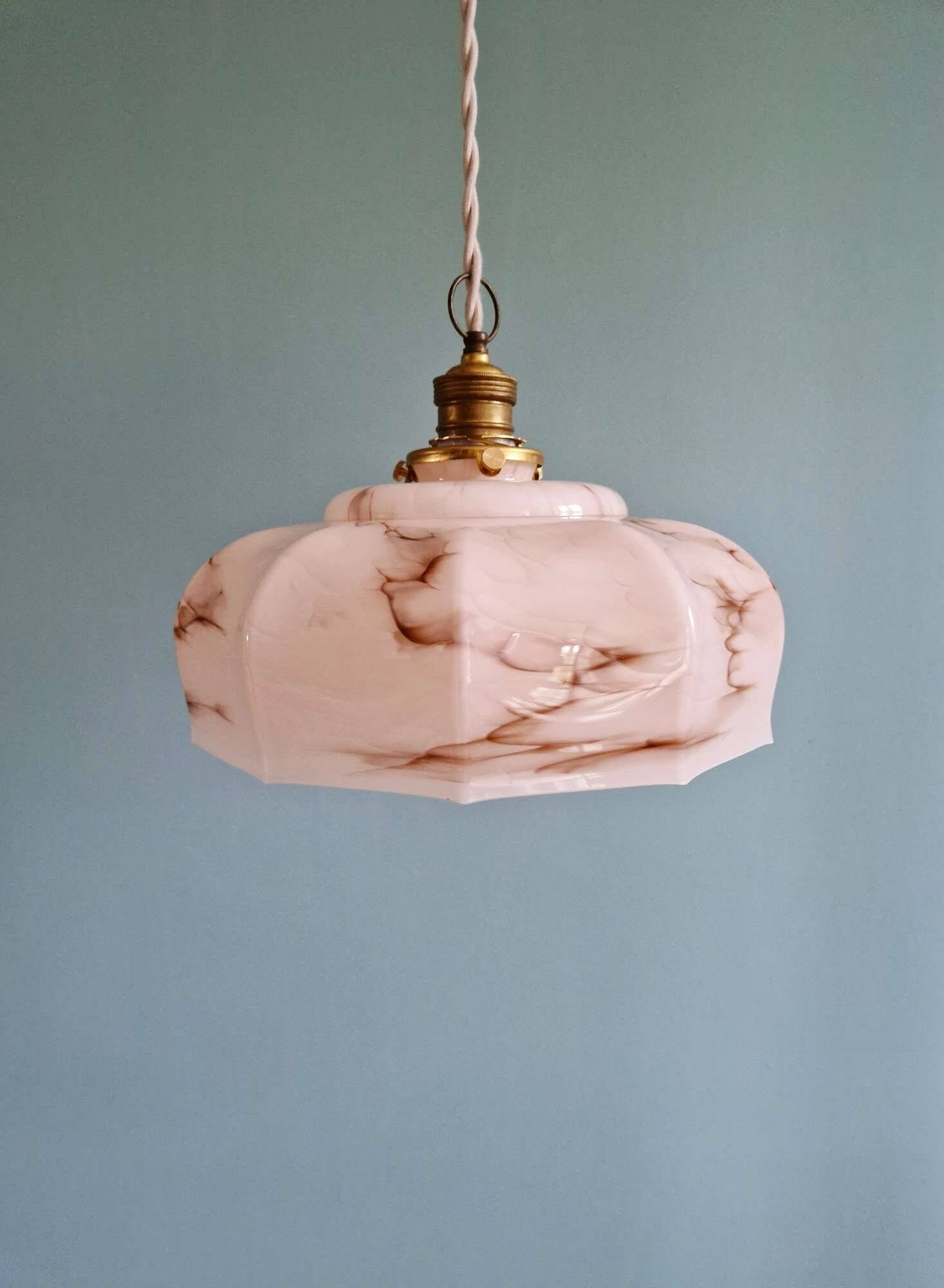 Art Deco pendant light in pink marbled opaline, Scailmont, 1920-30