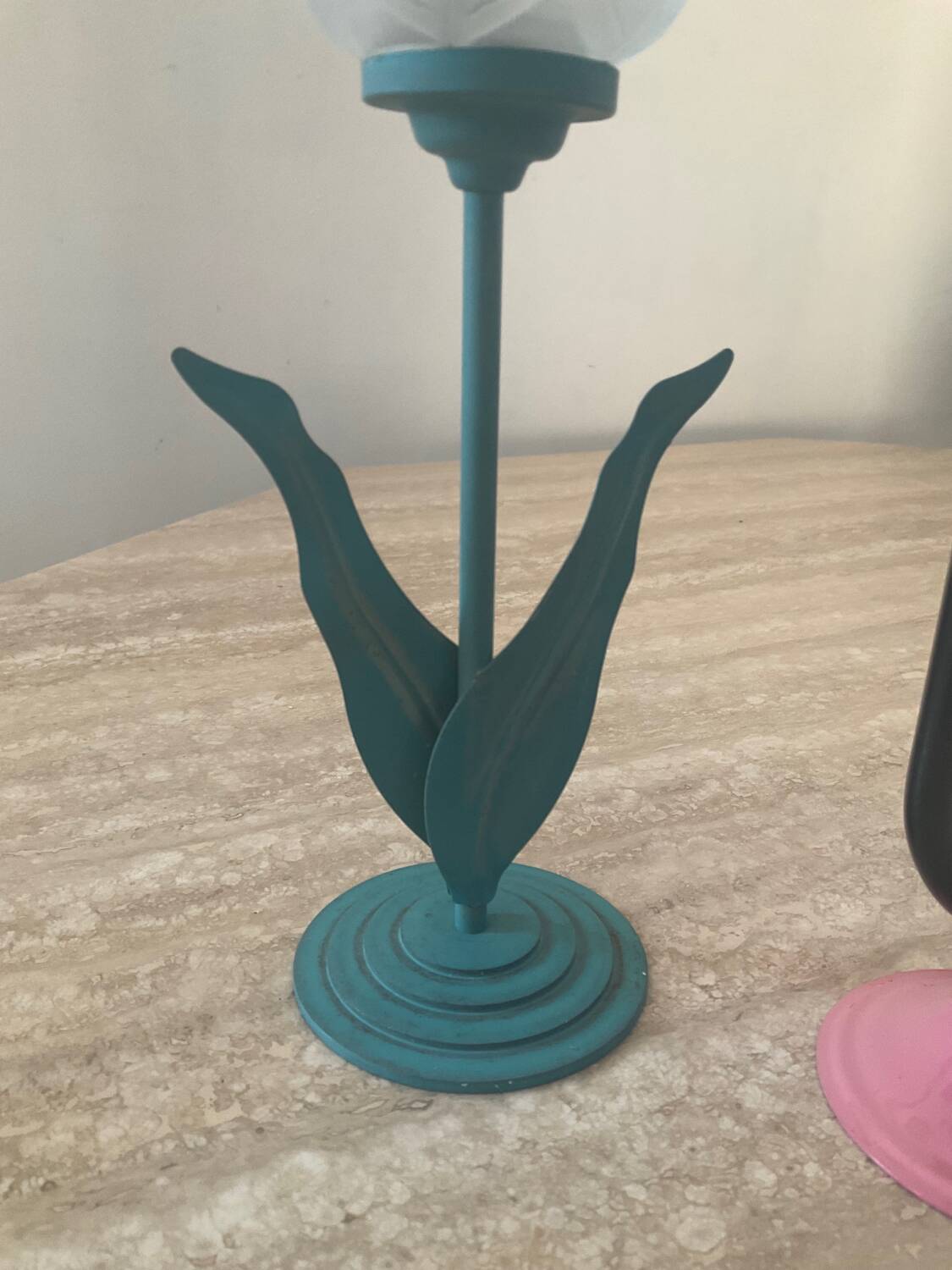 Duo of vintage metal and glass candlesticks