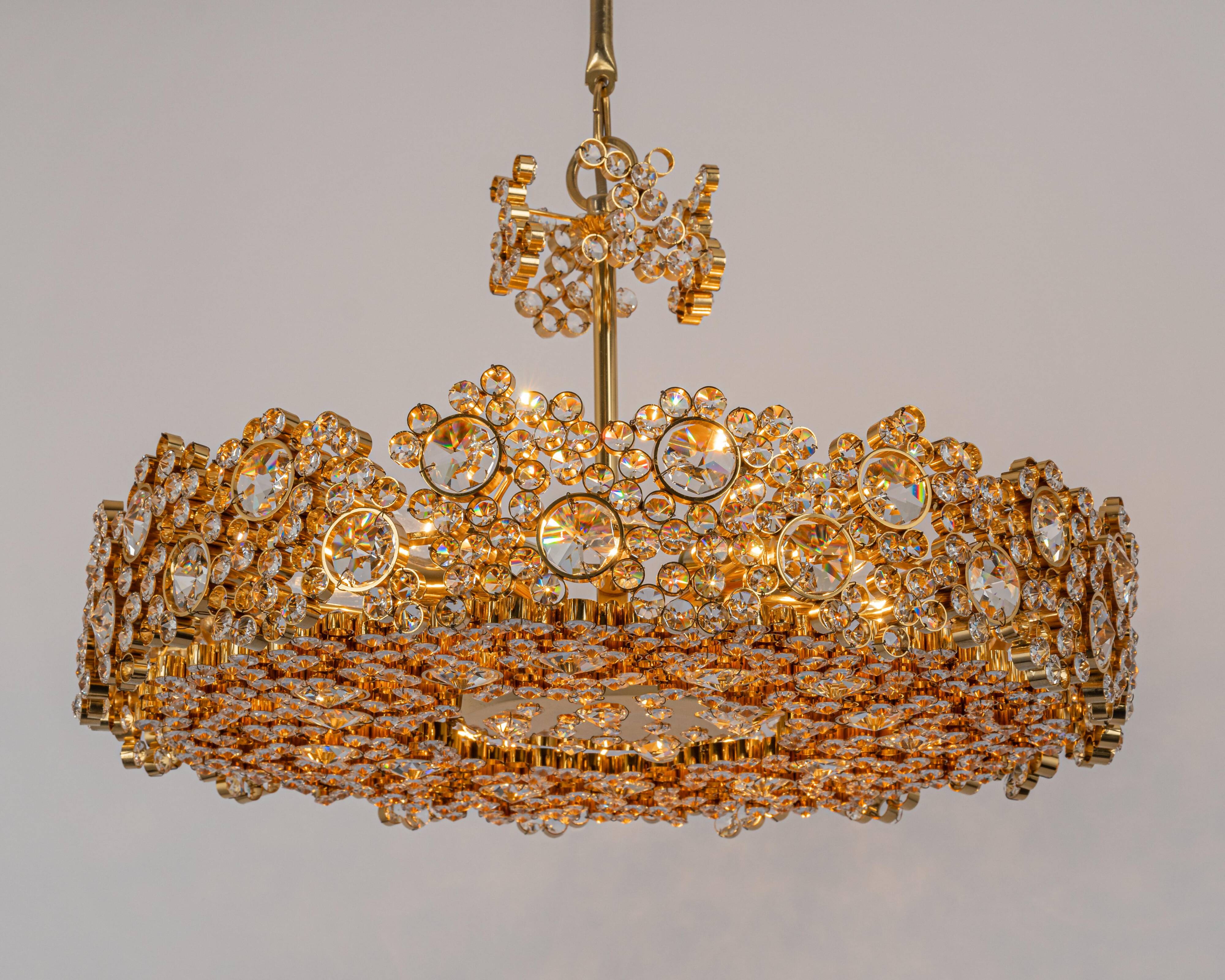 Chandelier in gilded brass and crystal glass inlaid by Palwa, Germany, 1970s.