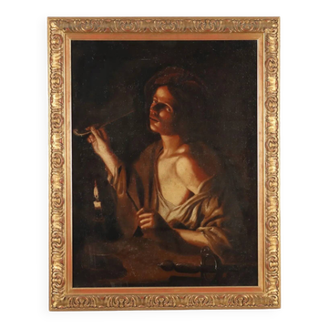 Old painting Young man with a pipe, oil on canvas, 18th century