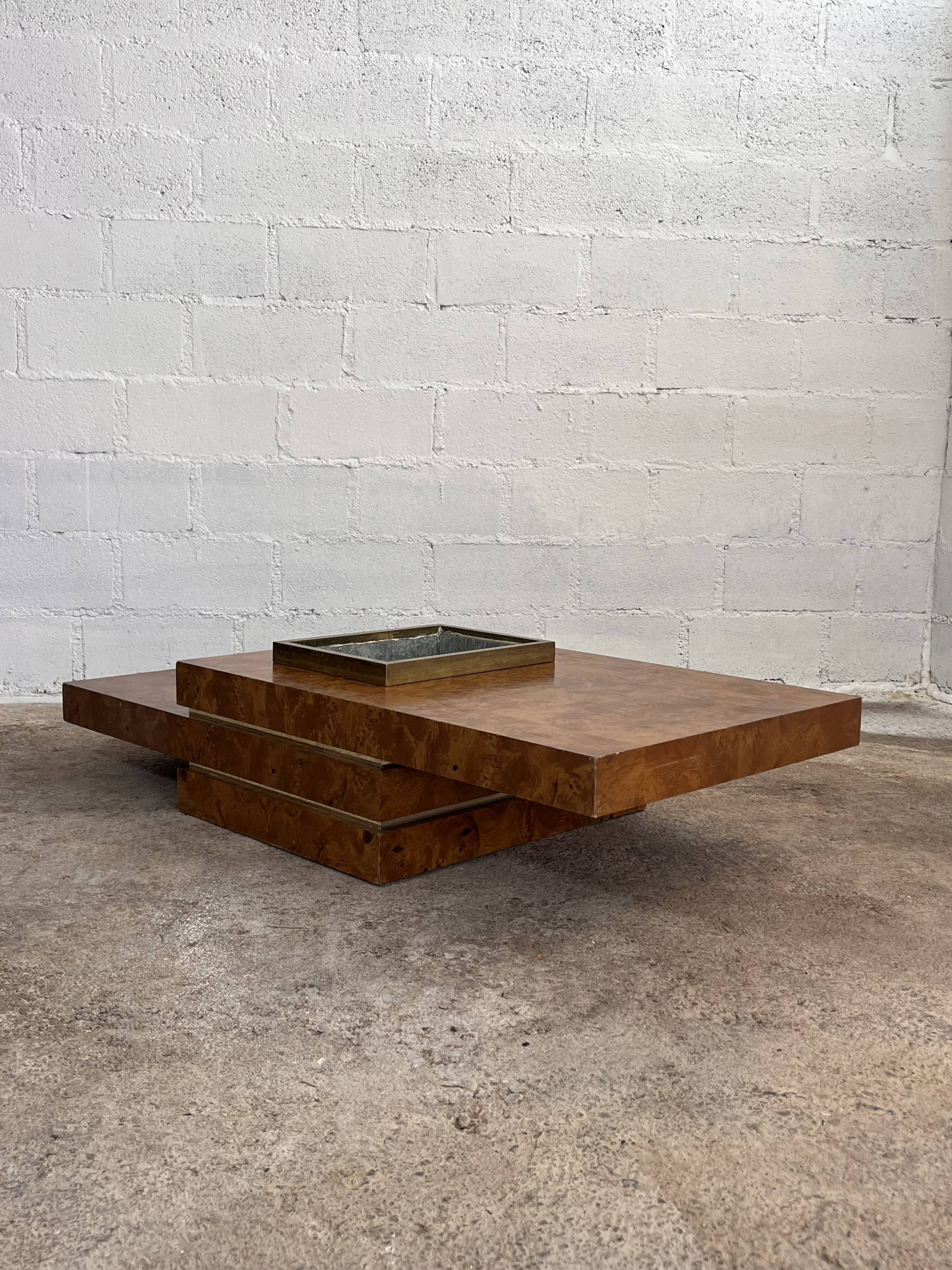 RocheBobois coffee bar table in elm burl and brass, 1970s