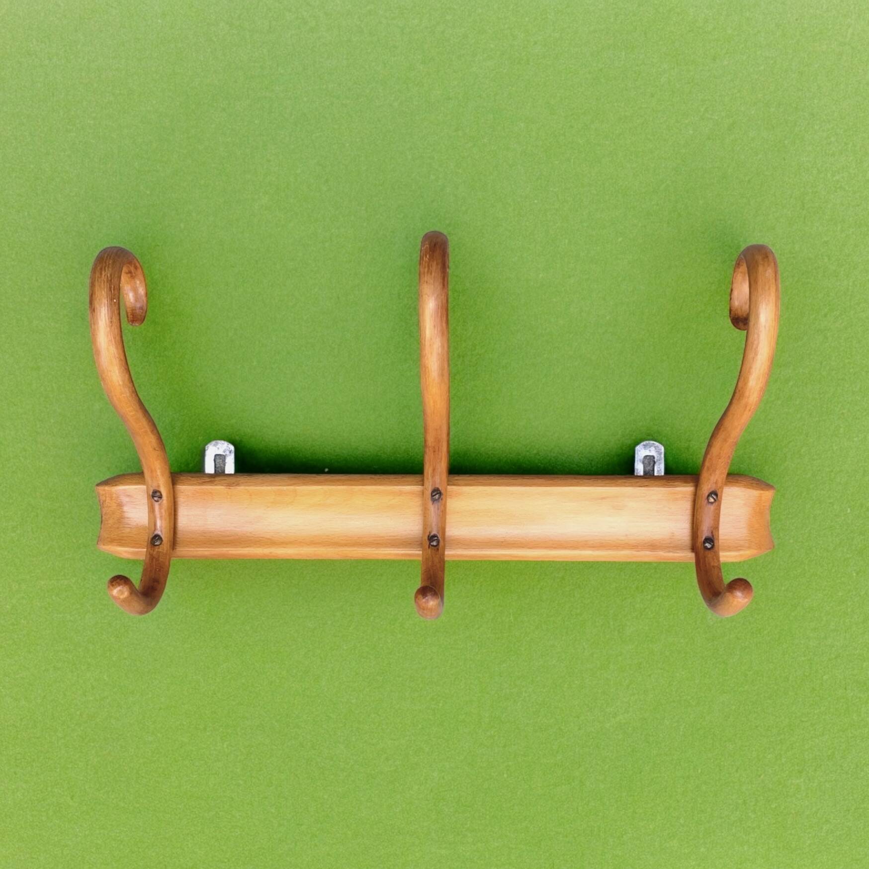 Old Thonet wall coat rack in bent wood - 3 hooks