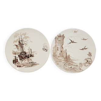 2 plats ronds Longchamp terre de fer décor marine et donjon diamètre 29,5 cm