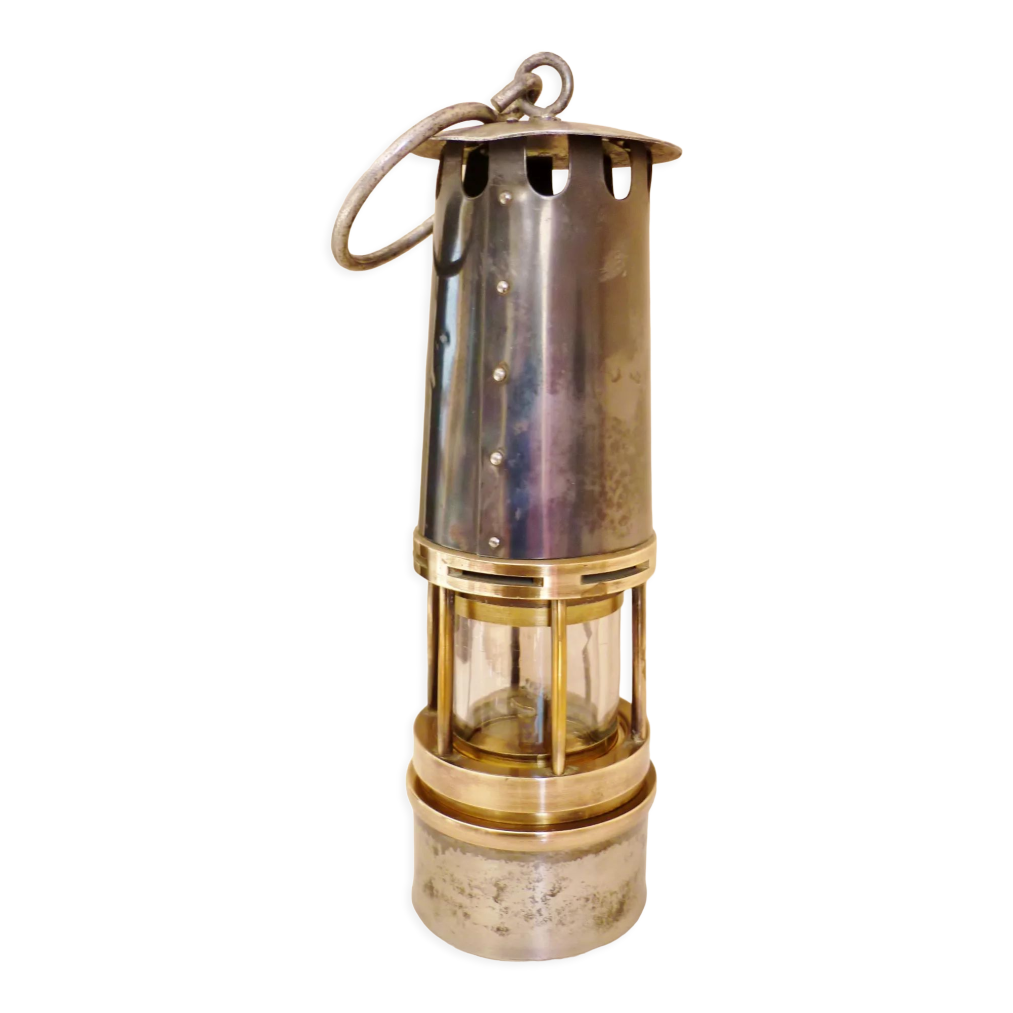 Old miner's lamp, thick glass, brass, metal