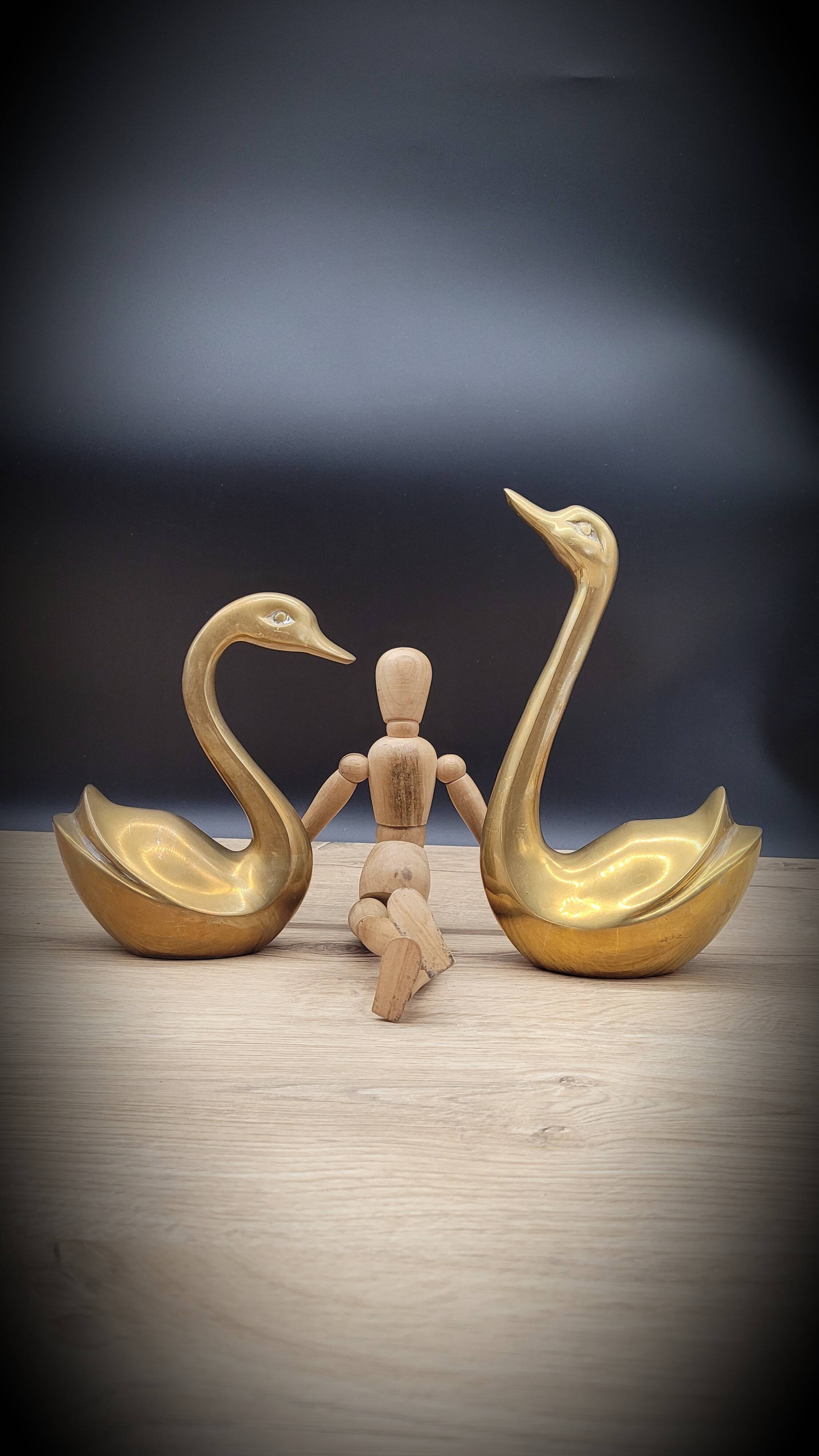 Pair brass swans