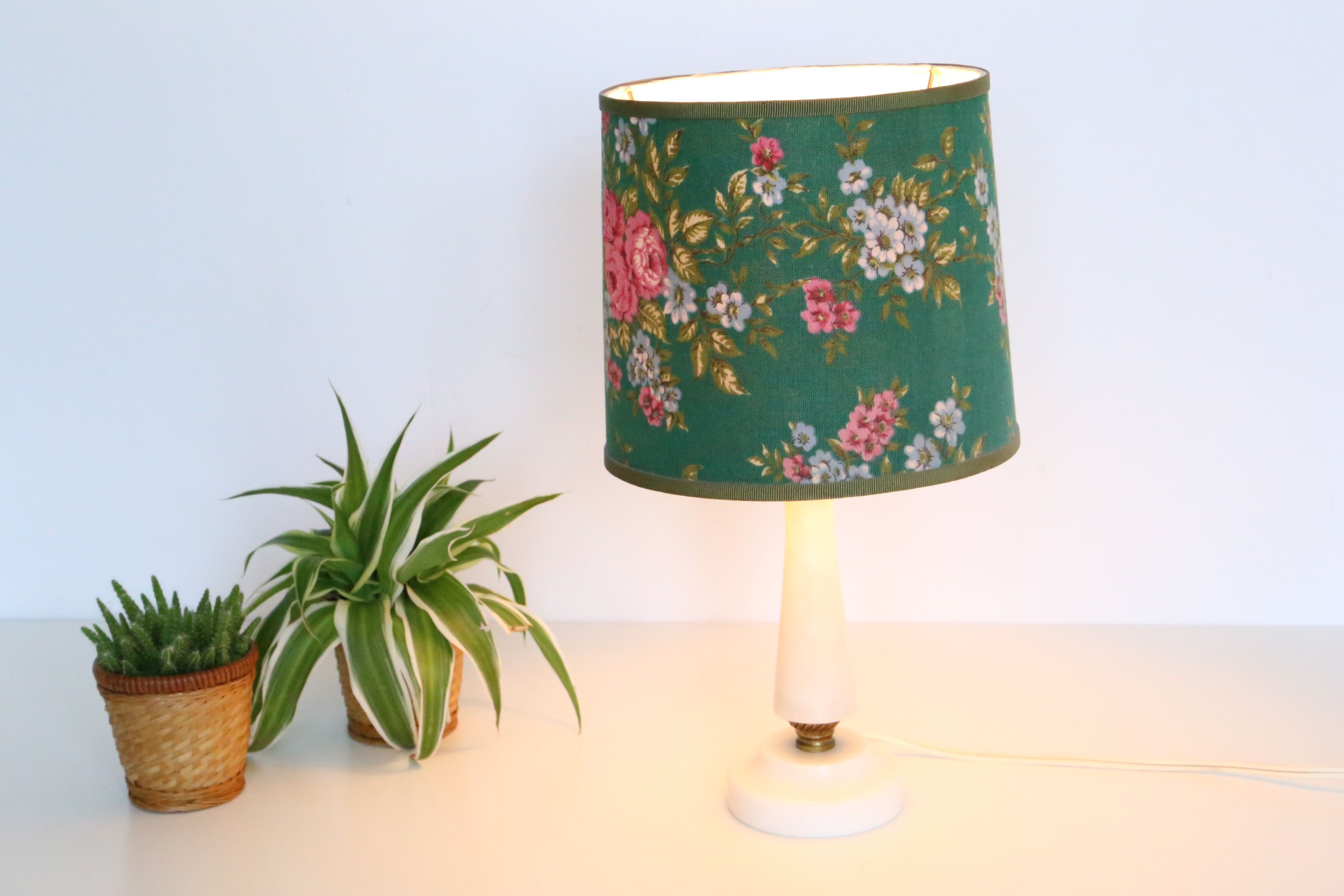 Marble and brass lamp, shade in flowery green fabric, 50s/60s