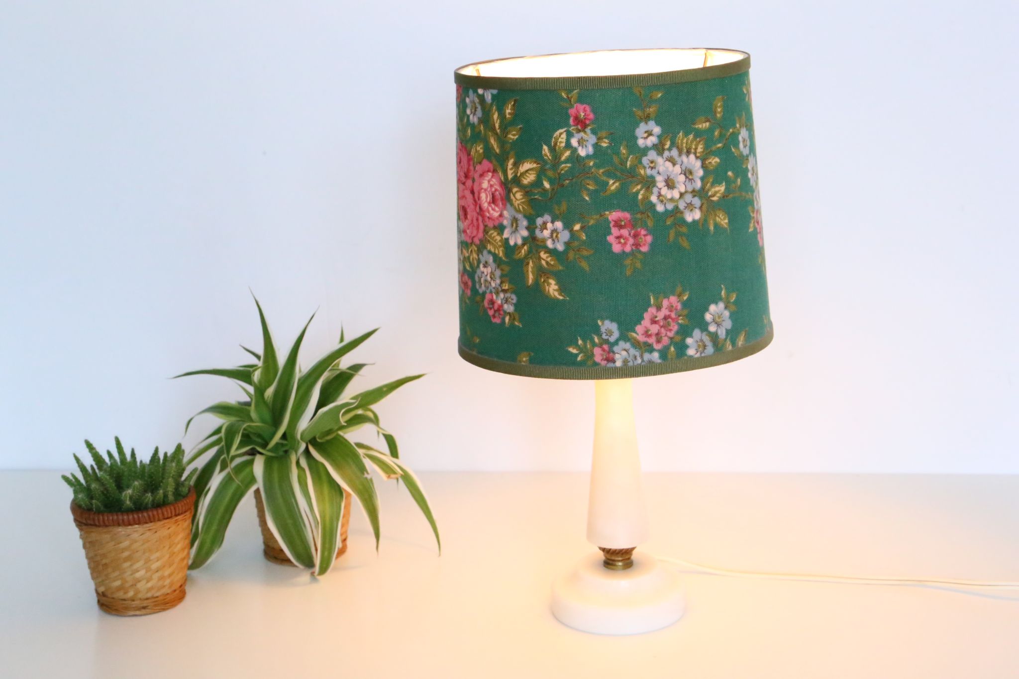 Marble and brass lamp, shade in flowery green fabric, 50s/60s