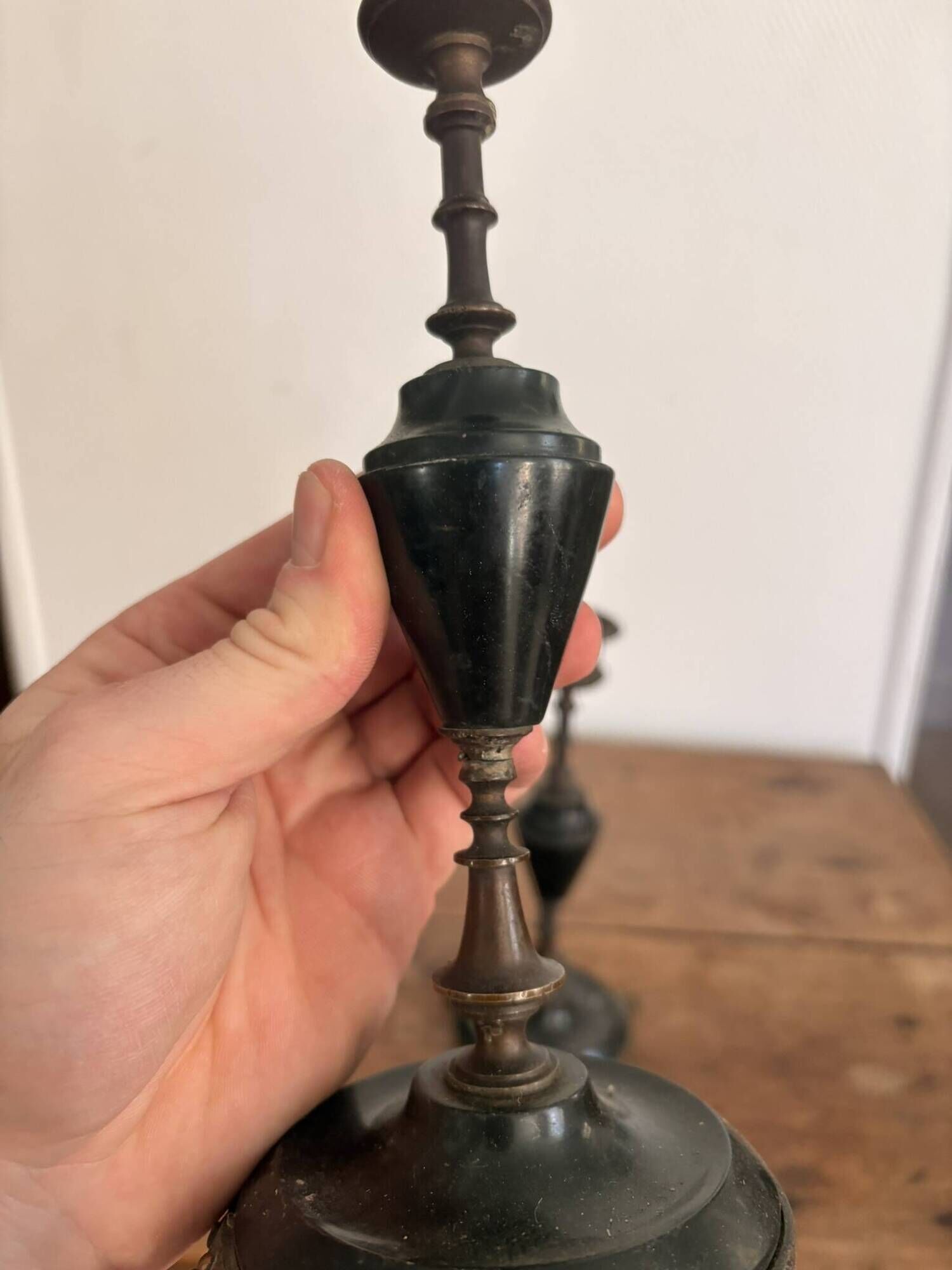 Pair of Antique Patinated Bronze and Brass Candle Holders Napoleon III Fireplace Garnish