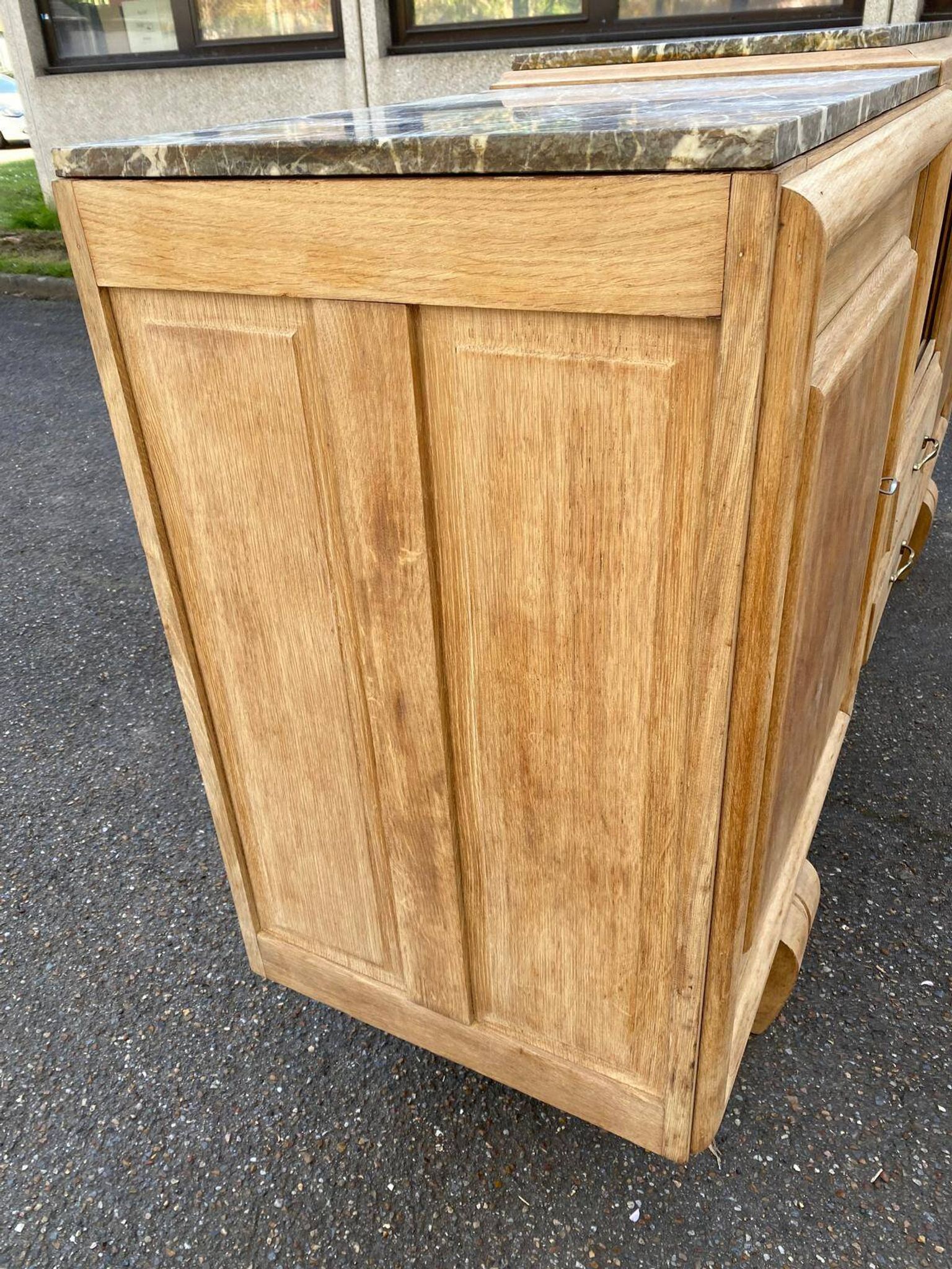 Renovated art deco sideboard in raw solid oak and gray marble 200cm