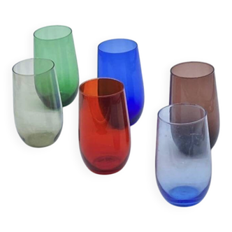 Set of 6 colored glass glasses / vintage / handcrafted
