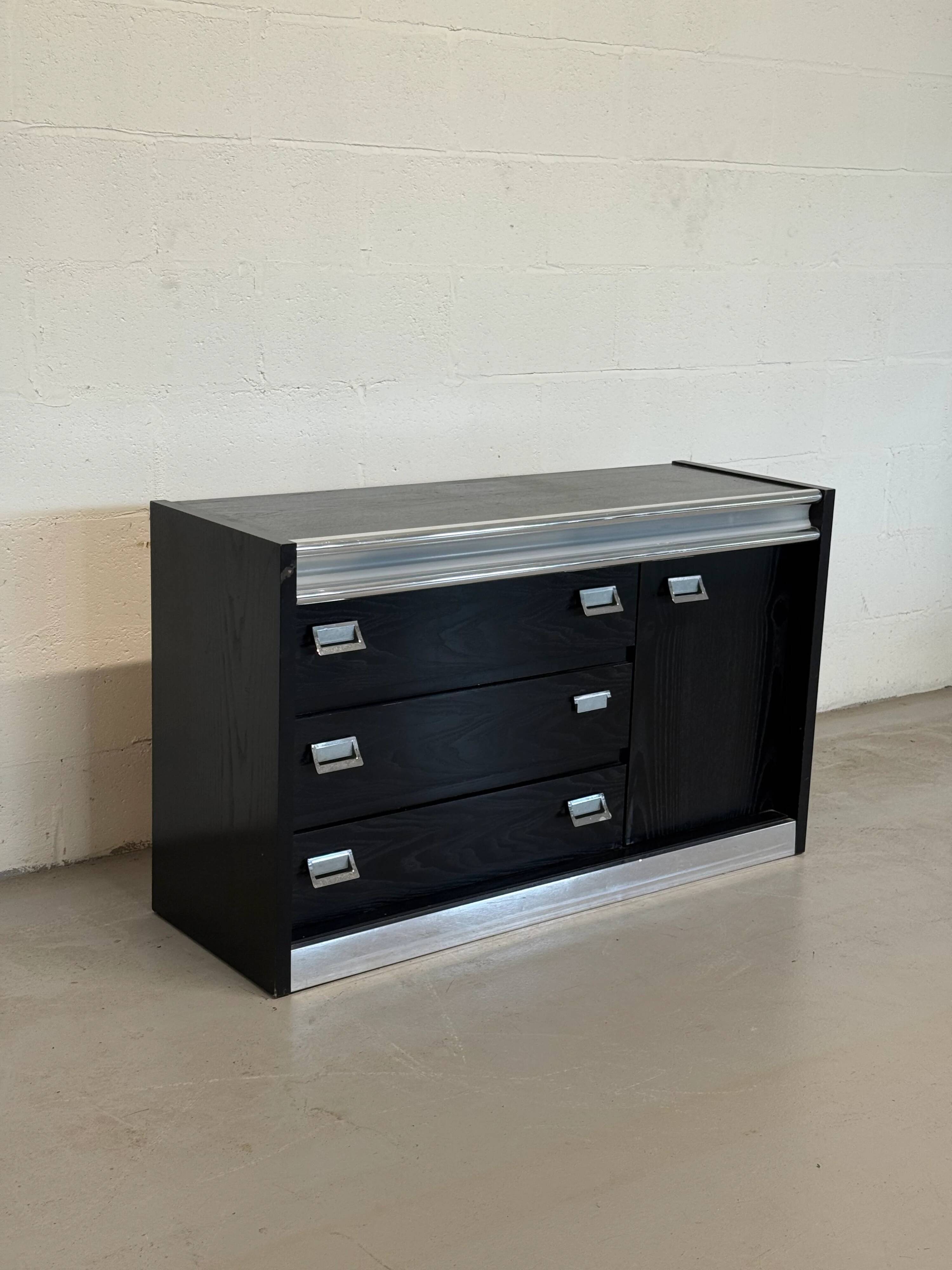 Vintage black lacquered and chrome sideboard | Italian Space Age sideboard from the 1970s