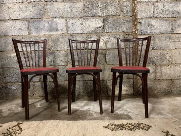 6 Chaises baumann bistrot troquet parisien bois de hêtre et skaÏ rouge - ancien et vintage