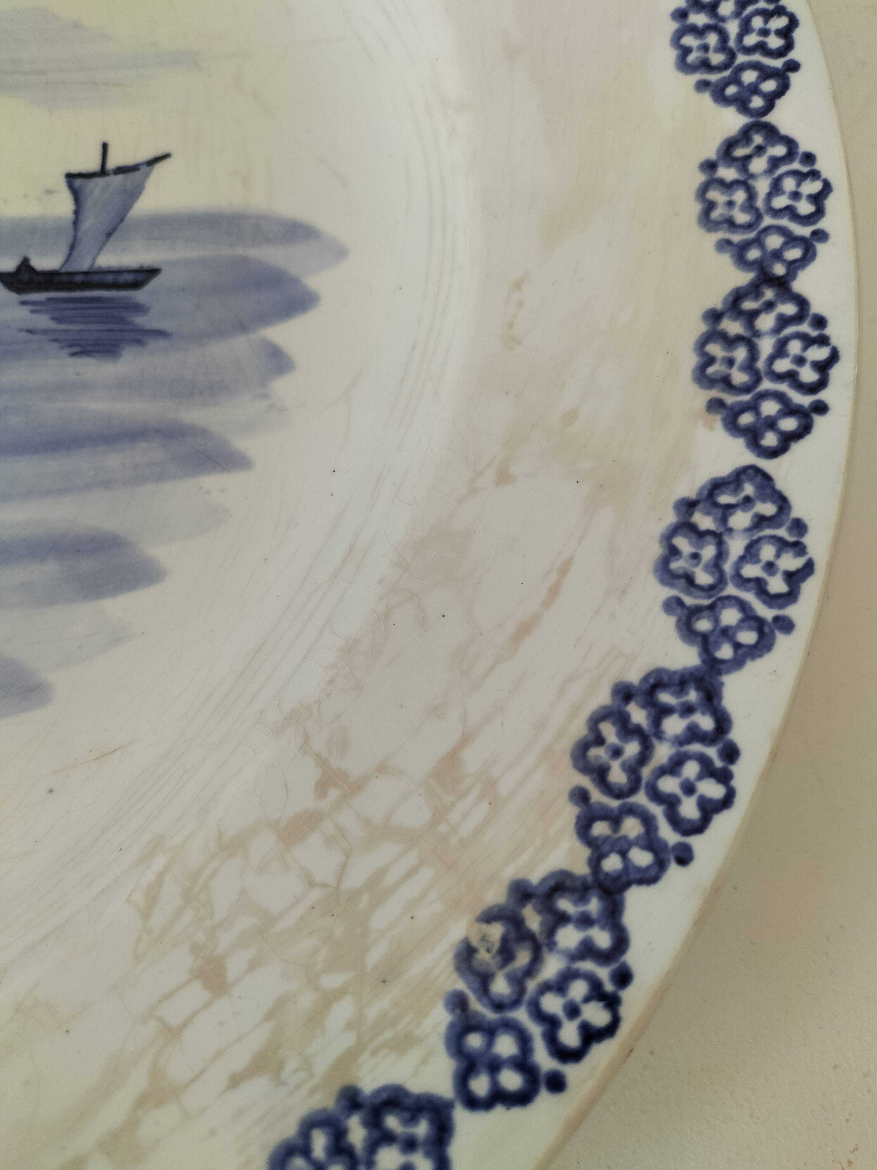 Large antique dish with a sailing boat design – signed A. Lebacqz & M. Bouchart